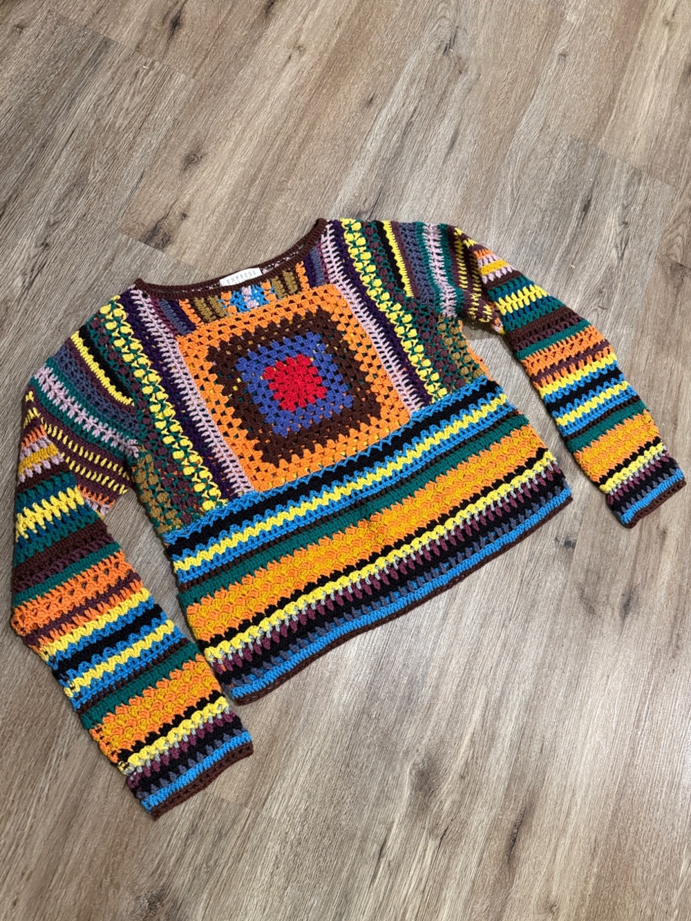 Multicolor Crochet Stripe Women's Crewneck Sweater Cotton Ramie Natural Fibers